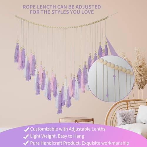 Pink & Purple Macrame Hanging Boho Wall décor, Purple Wall Decor for Bedroom Living Room Girls Room Nursery Large Tassel Hanging with Wood Beads 41" W x 32" H - color: Purple, White, Pink
