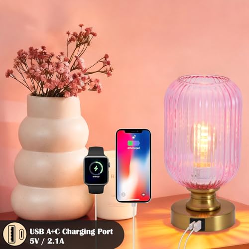 Mid Century Glass Table Lamp,Dimmable Desk Lamp,LED Bulb Included,Touch Control & USB A+C Port,Pink Ribbed Glass - color: Pink Ribbed, size: USB + Touch