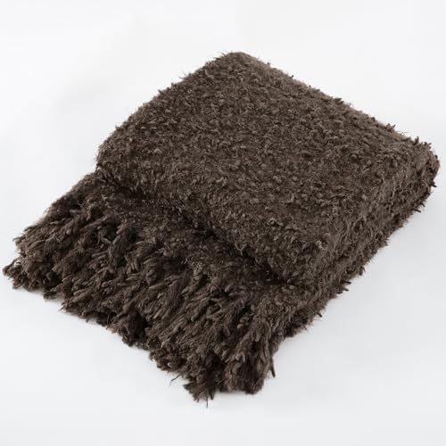 Knit Throw Blanket Fluffy Fuzzy Soft Lightweight Cozy Farmhouse Tassels Chunky Knitted Throws for Couch Sofa Bed (Brown, 50"x60") - color: Brown, size: 50"x60"