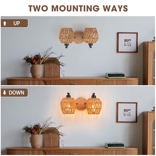 2-light Bathroom Lights Over Mirror,Rattan Vanity Light Fixtures,Farmhouse Boho Wall Sconce with Woven Cage,Rustic Boho Wall Mounted Light Wooden Vanity Lighting for Bedroom Living Room Hallway Foyer - color: 2light-Drum shade