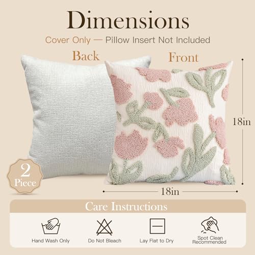 Embroidered Floral Throw Pillow Covers 18x18 Inch Set of 2, Chenille Summer Pillowcase with 3D Tufted Pink Flowers Green Leaves, Boho Decorative Cushion Covers for Couch Sofa Bed - color: Pink Cyan, size: 18" x 18" (Pack of 2)