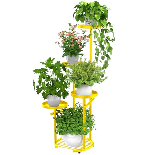 TOSKING 5-Tier Metal Plant Stand, Anti-Tip Round Base for Pots, Child & Pet Friendly, Space Saving Corner Shelf Flower Pot for Indoor Outdoor Use, Living Room Balcony Garden Patio Bedroom (Yellow, 38in) - color: Yellow, size: 5tier Rd Base