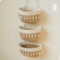 3-Tier Hanging Basket, Over Door Organizer, Wall Basket with Hooks | Woven Cotton Rope Basket, Adjustable Detachable Basket with Hooks, No Drilling for Farmhouse, Boho Home and Nursery Decor - style: Bohemian