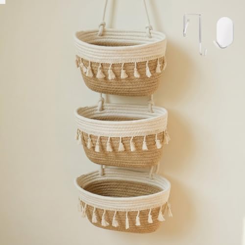 3-Tier Hanging Basket, Over Door Organizer, Wall Basket with Hooks | Woven Cotton Rope Basket, Adjustable Detachable Basket with Hooks, No Drilling for Farmhouse, Boho Home and Nursery Decor - style: Bohemian