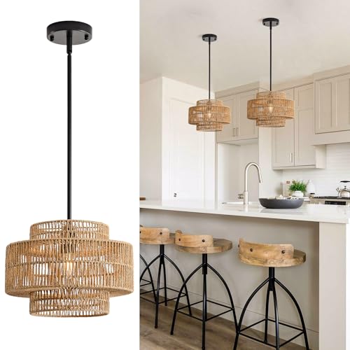 12.4” Boho Rattan Pendant Light Fixture for Dining Room, 1-Light Black Chandelier Farmhouse Rustic Hanging Lamp for Kitchen Island, Bedroom, Living Room, Entryway, Foyer, Hallway - color: Brown+Black Hardware, size: 12.4" 1-Light
