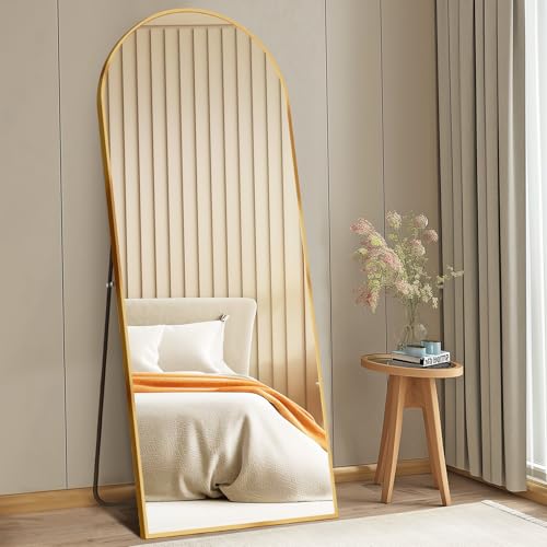 DUMOS 58"x19" Arched Full Length Mirror with Stand, Floor Standing Aluminum Frame, Shatter-Proof Nano Glass for Bedroom, Living Room, Cloakroom – Modern Simple Home Decor,Hanging or Leaning,Gold - color: Gold-rounded, size: 58"L x 19"W