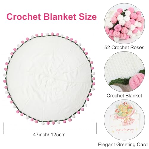 Tenn Well Crochet Bouquet Blanket, Gifts for Mom Daughter Grandkids Her Wife Girlfriend, Soft Knitted Throw Blankets,Housewarming Gifts for Birthday Anniversary (Pink and White Roses)