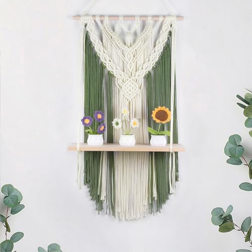 HVEST Green Macrame Wall Hanging Shelf Boho Wall Decor Floating Storage Book Shelf Green and Beige Handmade Tapestry Woven Wall Art for Bedroom Living Room Dorm Nursery Bathroom Macrame Plant Hanger - color: Green Beige