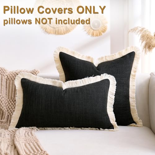 Boho Lumbar Pillow Covers 12x20 Pillow Cover Black Faux Linen Couch Rectangular Pillow Covers Soft Lumbar Cushion Cover with Tassels Farmhouse Cushion for Couch Sofa Bedroom Living Home Set of 2 - color: Black, size: 20" x 12" (Pack of 2)