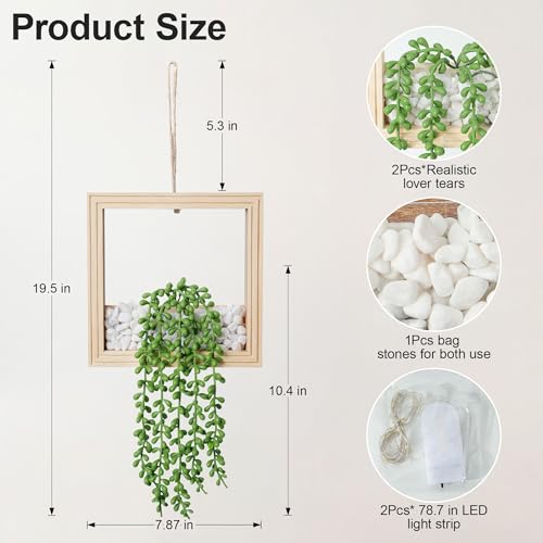 2 Pack Fake Plants Hanging, Artificial Succulents Plants in Square Wooden Frame with Glow Accents, Boho Wall Decor for Office Living Room Bathroom Bedroom Kitchen Indoor Outdoor, Natural Wood - color: Natural Wood