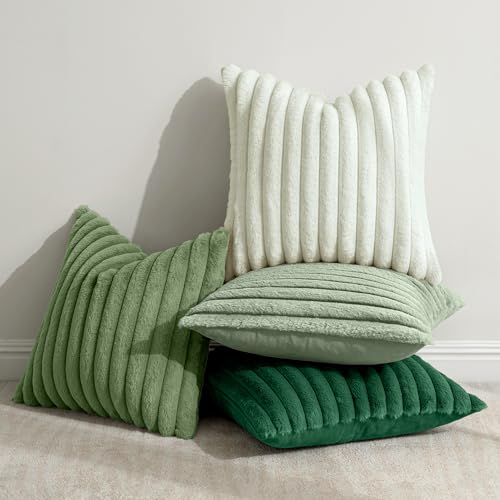 MIULEE Faux Fur Plush Decorative Throw Pillow Covers 20x20 Set of 4, Spring Modern Soft Fuzzy Striped Cushion Covers for Sofa Couch Bed Living Room Cozy Home Decor,Green - color: Green, size: 20" x 20" (Pack of 4)