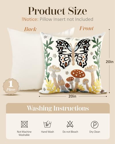 Embroidered Throw Pillow Cover - 20x20 Decorative Pillow Cover with Zipper Aesthetic Cute Design Boho Spring Summer Throw Pillowcase for Living Room Couch Sofa Bed, Butterfly Moon - color: Butterfly Moon, size: 20" x 20" (Pack of 1)