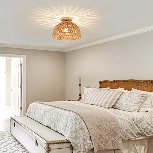 Boho Rattan Ceiling Light Fixtures Boho Lamp Shade Flush Mount Ceiling Light Hand-Woven Small Chandelier Wooden Base Chandelier Light for Hallway Bedroom Kitchen Nursery - color: Brown-Ceiling light