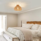 Boho Rattan Ceiling Light Fixtures Boho Lamp Shade Flush Mount Ceiling Light Hand-Woven Small Chandelier Wooden Base Chandelier Light for Hallway Bedroom Kitchen Nursery - color: Brown-Ceiling light