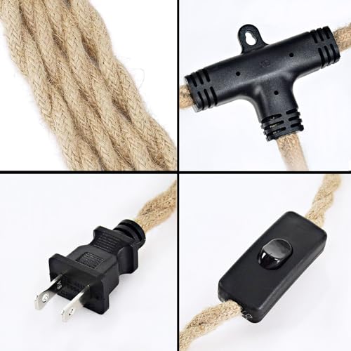 2-Light Plug in Pendant Light with Black Metal Cage Lampshade Ø20cm, E26/E27 Hemp Rope Vintage Hanging Lights Kit with Plug in Cord 19.68ft for Dining Room Living Room, No Bulb - color: 2-Light Hemp Rope with Shade