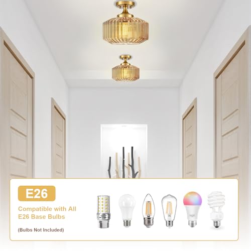 Flush Mount Light Fixture 11.02" Farmhouse 1 Light Ceiling Fixture with Amber Striped Hand Blown Glass Shade, E26 Base for Kitchen, Dining Room, Hallway - color: Amber