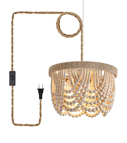 AMZASA Plug in Chandelier Boho Woven Hemp Rope Wooden Beaded Farmhosue Hanging Pendant Light Fixture with 14.8FT Cord On/Off Switch 3 Lights for Nursery Bedroom Living Room Dining Room UL Listed - color: Natural Hemp Rope