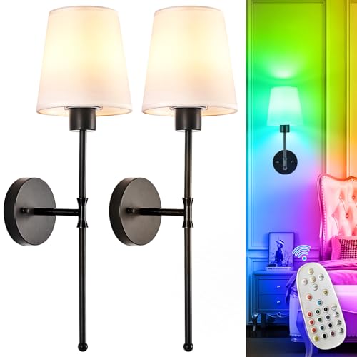 Depuley Battery Operated Wall Sconce: Set of 2 Wireless Wall Lights with Remote for Bedroom - Black Rechargeable 15 Colors RGB Halloween Wall Lamp for Living Room Hallway - color: Black-New, size: 24 Inch Set of 2
