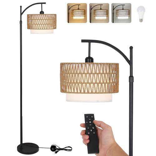 Arc Floor Lamp for Living Room with 3 Color Temperatures, Farmhouse Floor Lamps with Remote & Dimmable Bulb, Boho Standing Lamp with Rattan & Fabric Shades, Adjustable Tall Lamp for Bedroom, Office - style: Rustic