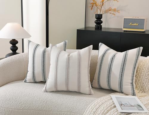 Cethom Boho Throw Pillow Covers 20x20 Set of 2, Beige and Black Striped Decorative Pillow Cases for Couch Chair Bed, Textured Farmhouse Accent Cushion Covers for Living Room Bedroom Sofa Home Decor - color: Black, size: 20" x 20" (Pack of 2)