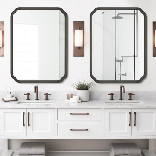 WallBeyond 30" x 40" Rounded Corner Arch Wall Mirror with Wood Frame for Entryway, Living Room or Bedroom Home Decor - Light Woodgrain [30 x 40 inches, Black] - color: Black a, size: 40"L x 30"W