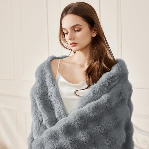 Faux Rabbit Fur Throw Blanket for Couch, Fluffy Warm Plush Thick Bubble Blanket for Bed Sofa Living Room, Soft Cozy Furry Blanket, 50x60 inches, Gray - color: Gray, size: Throw50"x60"