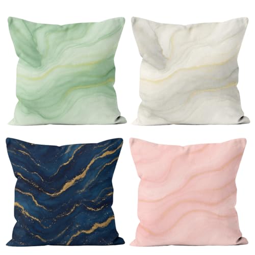 Blue and Gold Throw Pillow Covers 18x18 Set of 4, Modern Abstract Marble Texture Blue Gold Pillowcase Decoration Cushion Cover for Bed Sofa Living Room - color: Blue and Gold