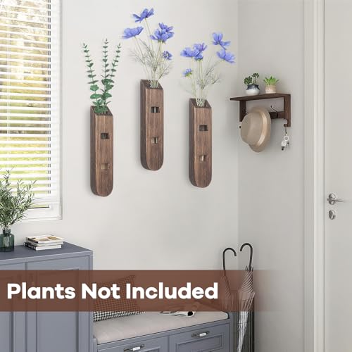 3 Pack Wood Planter Set, Boho Wall Decor for Living Room, Modern Farmhouse Entryway or Bathroom Decor, Wooden Vase Aesthetic Art for Wall Decorations - color: Log Color-d