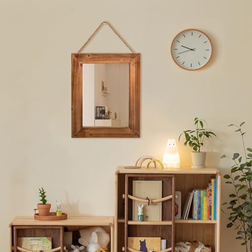 Wall Decorative Mirror 12 x 16 Inch Rust Farmhouse Rectangular Mirrors Wood Frame Mirror with Hanging Hemp Rope for Bedroom, Bathroom, Living Room, Entryway (Brown)