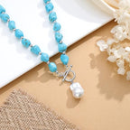 Beaded Necklaces for Women with Baroque Pearl, Turquoise Amethyst Lapis lazuli Tiger Eye Handmade Boho Bead Choker Necklace, Natural Stone Summer Jewelry Birthday Mother Gift for Women - color: Turquoise