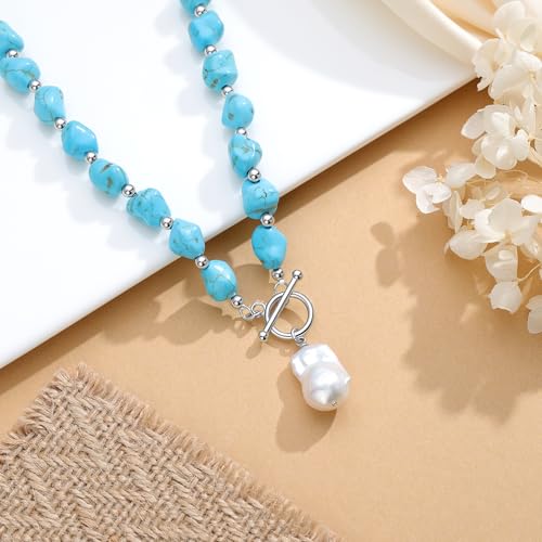 Beaded Necklaces for Women with Baroque Pearl, Turquoise Amethyst Lapis lazuli Tiger Eye Handmade Boho Bead Choker Necklace, Natural Stone Summer Jewelry Birthday Mother Gift for Women - color: Turquoise