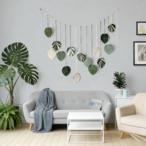 M MANUAL Macrame Leaves Wall Hanging 47.3x29.5Inch Large Chic Feather Boho Macrame Wall Decor Leaf Hanging Photo Display Handmade Woven Wall Art 16pcs Leaf Tapestry - Green - size: Green - 47.3*29.5in