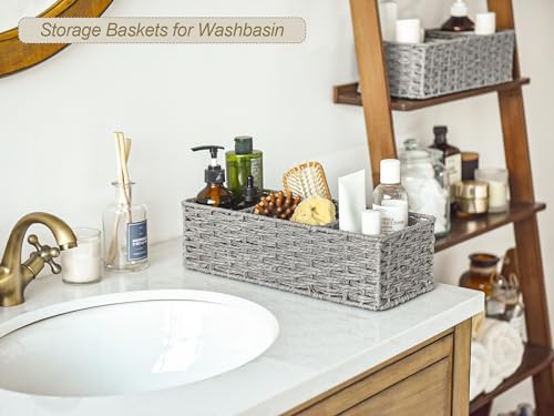 StorageWorks 3-Section Wicker Baskets for Shelves, Hand-Woven Round Paper Rope Storage Baskets, Gray, 2-Pack - color: Gray, size: 14¼"l x 6"w x 4¼"h