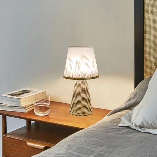 Vintage Small Wicker Lamp, Rattan Body Fabric Lampshade, Adjustable Light Color and Brightness, Power-Off Memory, Safe USB Powered, Boho Style Night Light for Bedroom Living Room (Cone-Wheat) - color: Cone-Wheat