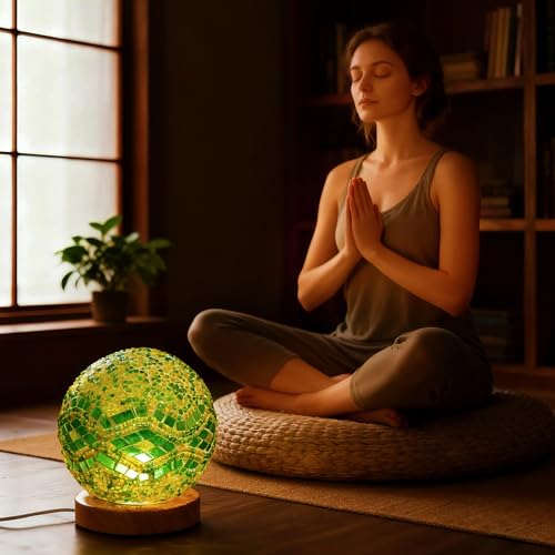 Mosaic Glass Table Lamp Spherical Decorative Light Stained Glass Lamps with Wooden Base for Art Studio Zen Space Living Room Decor Unique Holiday Gift(Baroque B - Green, Baroque) - style: Baroque B Green