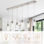 6-Lights Pendant Lighting for Kitchen Island in Brushed Nickel, Ceiling Light Fixtures with Adjustable Hanging Wire & Clear Glass Shades - color: Brushed Nickel, size: 6-Light