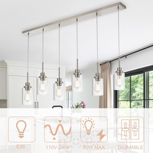 6-Lights Pendant Lighting for Kitchen Island in Brushed Nickel, Ceiling Light Fixtures with Adjustable Hanging Wire & Clear Glass Shades - color: Brushed Nickel, size: 6-Light