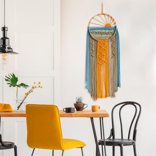 LB Macrame Wall Hanging Boho Macrame Wall Decor, Sunset Wall Art Dream Catcher Hand Woven Wall Art Boho Colorful Sun Tapestry for Bedroom Living Room Nursery Office Backdrop, 10x33 Inch - color: Orange