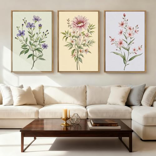 ANHUIB Boho Floral Canvas Wall Art, Framed Minimalist Beige Wildflower Wall Decor, Neutral Botanical Painting 16x24 Inch Set of 3 for Living Room Bedroom Dining Room - color: Floral, size: 24"L x 16"W