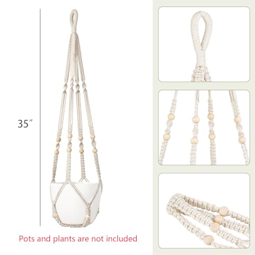 Dahey Macrame Plant Hanger Set of 2 Indoor Outdoor Hanging Planter with Wood Beads Decorative and 2 Hooks Flower Pot Plant Holder No Tassels for Boho Home Decor, 35 Inch, Ivory(Pots Not Included)