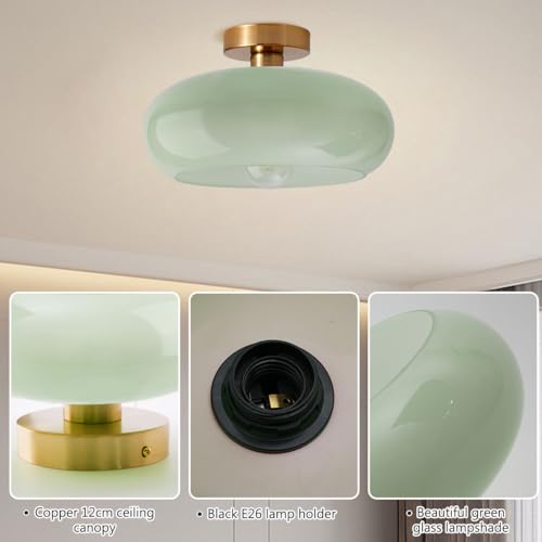 Mid Century Ceiling Light Fixture - Milk Glass Shade, Gold Modern Flush Mount Lamp for Hallway, Dining Room, Kitchen - color: Flush-Milk Green