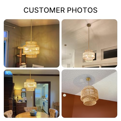 MODIVO 3-Light E12 Boho Rattan Chandelier, 12.6 Inch Hand Woven Farmhouse Pendant Light for Kitchen Island, Dining Room, Bedroom, Rustic Hanging Lamp, Living Room, Entryway, Foyer