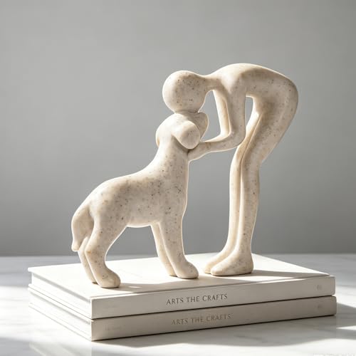 Abstract Resin Hand-Painted Sculpture of Person and Dog Bonding – Head-to-Head Intimate Figurine Decoration for Office、Living Room、Bedroom、Home， Memory Gifts for Pet Lovers (Sandstone) - color: Sandstone
