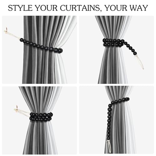 Hion 6 Pcs Boho Curtain Tiebacks,Wood Beads Curtain Holdbacks,Outdoor Farmhouse Tie Backs for Curtains,Curtain Holders for Drapes Home Office Room Decor with Hooks(Black) - color: Black, size: 6 Pack
