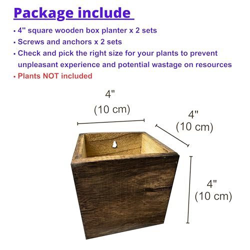 LaLaGreen Wood Planter Box for Plants (4x4 Inch, 2 Pack) Small Square Wall Planters for Indoor Plant, Window Hanging Flower Pot Wooden Boxes for Table Centerpiece Herb Balcony Home Garden Office Decor - size: 4x4" x 2 pack