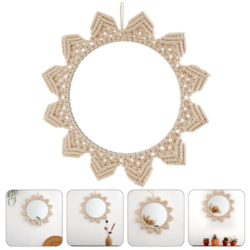 PRETYZOOM Bohemian Style Round Hanging Mirror Woven Cotton Rope Elegant Wall Decor for Bedroom Bathroom Living Unique Handmade Design for Rustic and