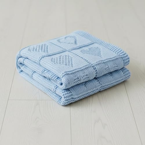 Baby Knit Cotton Blanket Baby Blue Heart Design Soft Cotton Throw for Nursery Crib Stroller Baby Gift Shower Birthday Christmas Size 30x40 - color: Baby Blue, size: 30"x40"
