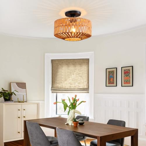 Ceiling Light Fixture,Hand-Woven Rattan Flush Mount Ceiling Light,Farmhouse Light Fixtures Ceiling Mount Boho for Hallway Bedroom Kitchen Entryway Living Room - color: 11.4 IN Ceiling Light
