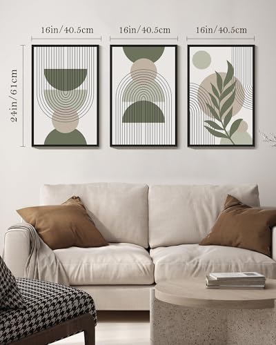 Drsoum 16x24in Large Boho Wall Art Green Sage Decor Framed Wood Modern Bohemian Abstract Geometry Canvas Prints Ready to Hang for Bedroom - Black Framed - color: green boho decor, Black Framed, size: 16" x 24"