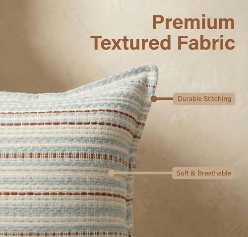 Mantle & Mason Boho Farmhouse Throw Pillow Covers 20x20 Set of 2, French Vintage Slate Blue Couch Pillow Covers, Jacquard Decorative Pillow Covers for Living Room Decor - color: Stripe Blue, size: 20" x 20" (Pack of 2)